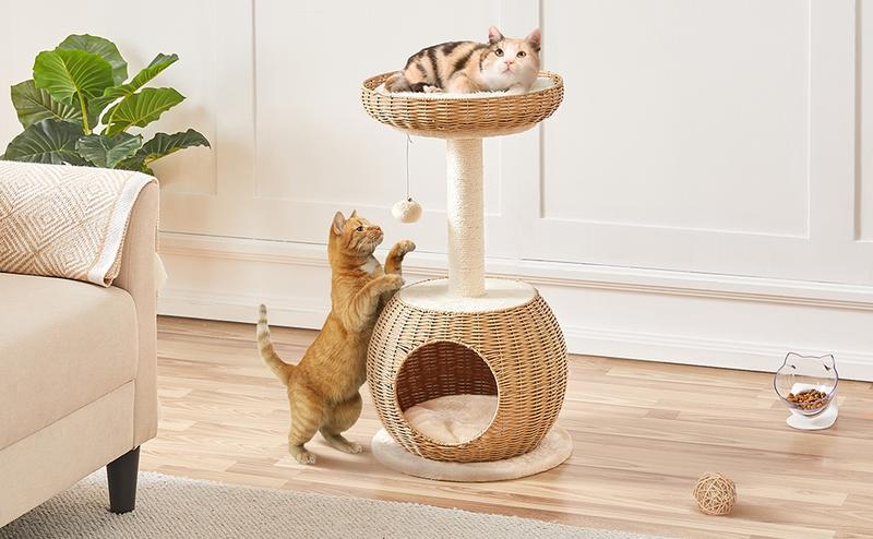 Yaheetech Cat Tree, 29.5″ Rattan Cat Climbing Tower with Scratching Post, Woven Rattan Cat Condo with Soft Cushion for Indoor Kittens