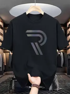 100% Cotton [Gradient Letter Print Tee] Summer Gradient Letter Print T-Shirt - Casual Crew Neck Polyester Knit Fabric - Regular Fit, Short Sleeve Tee Streetwear Man Golf Gift T-Shirt For Men And Women