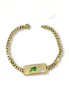 14K Gold Plated San Judas Tadeo Exquisite Bracelet for Men & Women, Cuban Link Chain with Green Enamel St. Jude Thaddeus Pendant, Religious Hip Hop Jewelry Perfect for Daily Wear, Party & Gifting