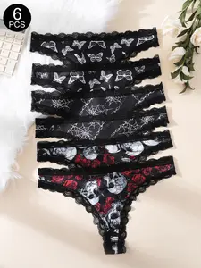 1/3/6/12Pcs Cheeky Style Sexy Lace Cut-Out Gothic Floral Bikini, Low-Waist Thongs, Fitted Design, All-Season Wear