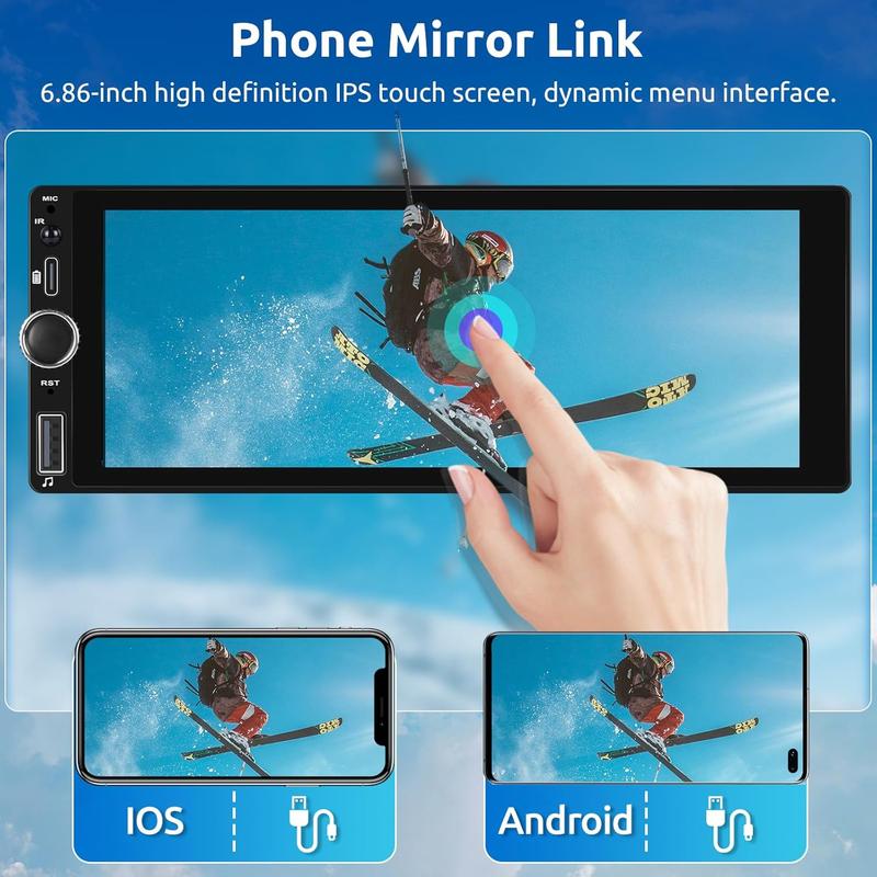 Single Din Car radio with Wireless CarPlay/Android Auto, Bluetooth Handsfree Car Radio 6.86 Inch IPS Touch Screen Single DIN MirrorLink FM/EQ/AUX/USB/SWC/Type-C with Camera MIC
