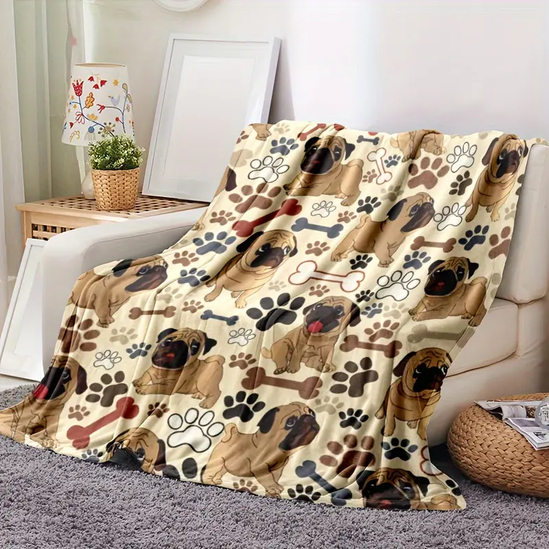 Retro Vintage 280GSM Ultra-Soft Flannel Throw Blanket - Pug & Dog Paw Animal Artwork, Comfy Luxe, Colorful, Fade-Resistant, All-Season - Ideal for Couch, Bed - Perfect Gift for Pet Lovers, Comfy Luxe Blankets, Animal Artwork Blankets