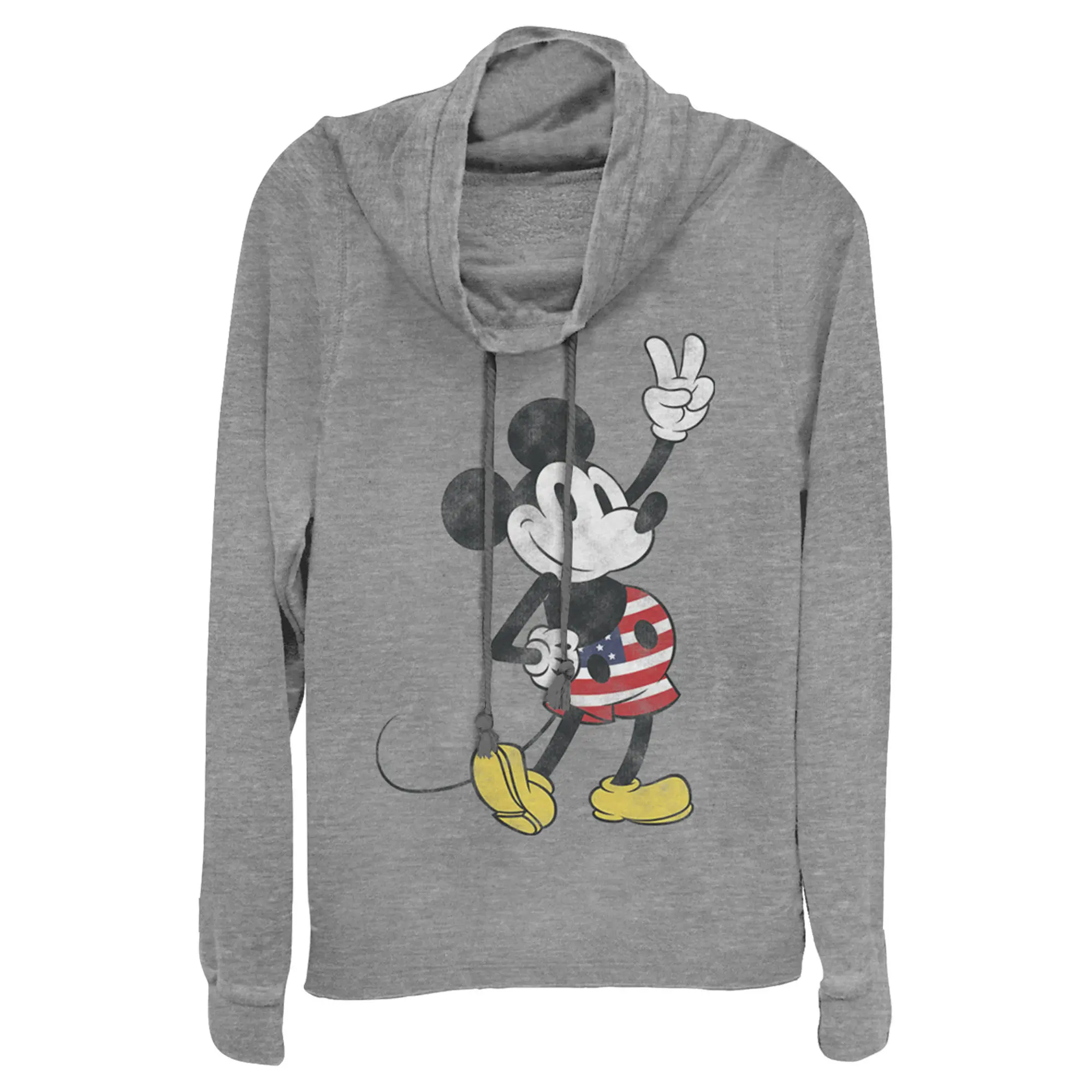 Juniors Womens Mickey & Friends Retro American Peace Sign Cowl Neck Sweatshirt