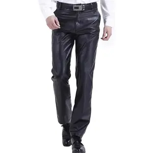 Mens Business Casual High Waist Straight Leg PU Faux Leather Biker Pants