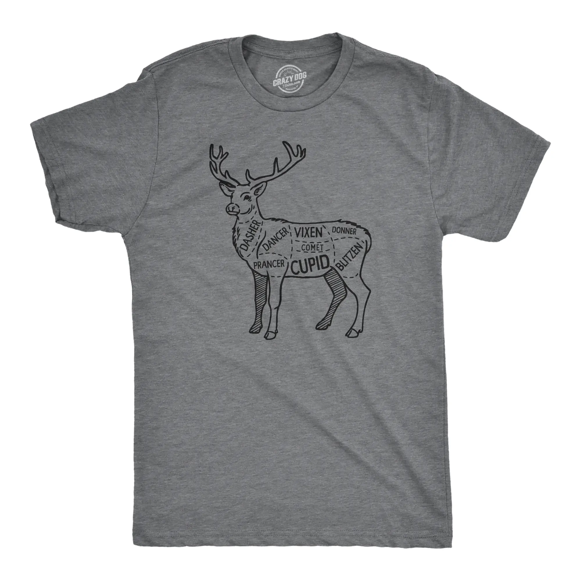 Mens Reindeer Meat Cuts T Shirt Funny Xmas Deer Hunter Butcher Joke Tee for Guys Mens Funny T Shirts Cool Vintage Fashion T-Shirt Gift Classic Menswear Christmas Apparel for Men Funny Sarcastic Short Sleeve Dark Grey