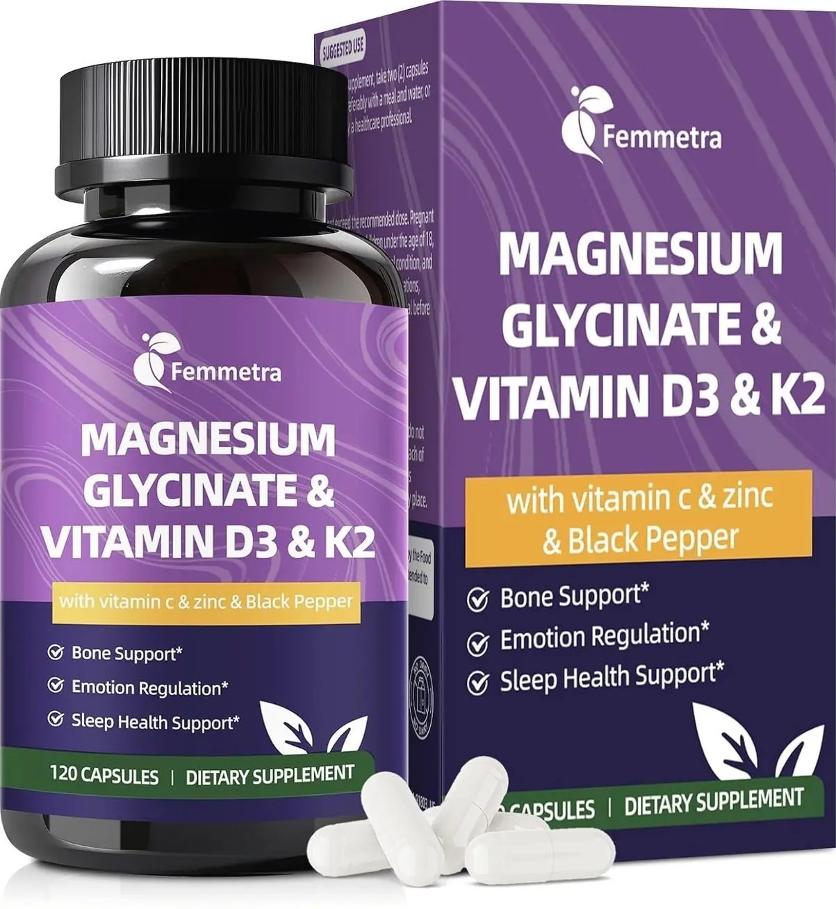 Magnesium Glycinate 600mg Vitamin D3 K2 Supplement with Vitamin C, Zinc, & Aloe Vera - Bone Support, Energy & Mood Manage & Sleep Health for Men & Women, Non-GMO, Vegan, 120 Capsules