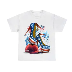 Kamala Harris With High Heels Stepping On Red Hat Shirt, Relaxed Fit, Unisex, 50% Cotton & 50% Polyester, Casual Style, Short Sleeve, Pouch Pocket - Top