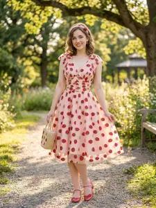 Women's 1950s Pink Strawberry Mesh Swing Dress, Sweet Retro Style, Casual Wear, Summer Knee-Length Breathable Outfits