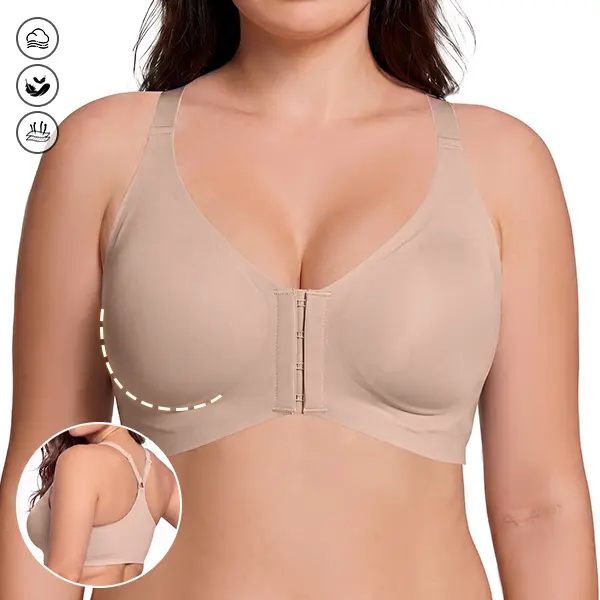 Women’s seamless bra with front closure, no underwire; everyday bra with front closure, no underwire, no padding, racerback design, adjustable shoulder straps—designed for the bust. Model BE1782 Fit Womenswear