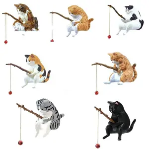 7PCS Cats Fishing Figurine Cats Sculpture Sitting Fishing Little Cute Cats Resin Ornament Decorative Furnishings