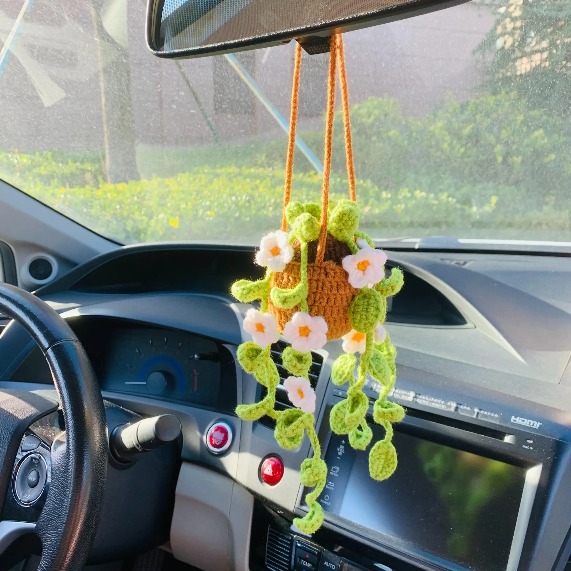 Hanging Plant Car Decoration, Cute Hanging Flower Car Mirror Hanging Accessories, Flowered Chlorophytum Car Interior Mirror Hanging Decoration
