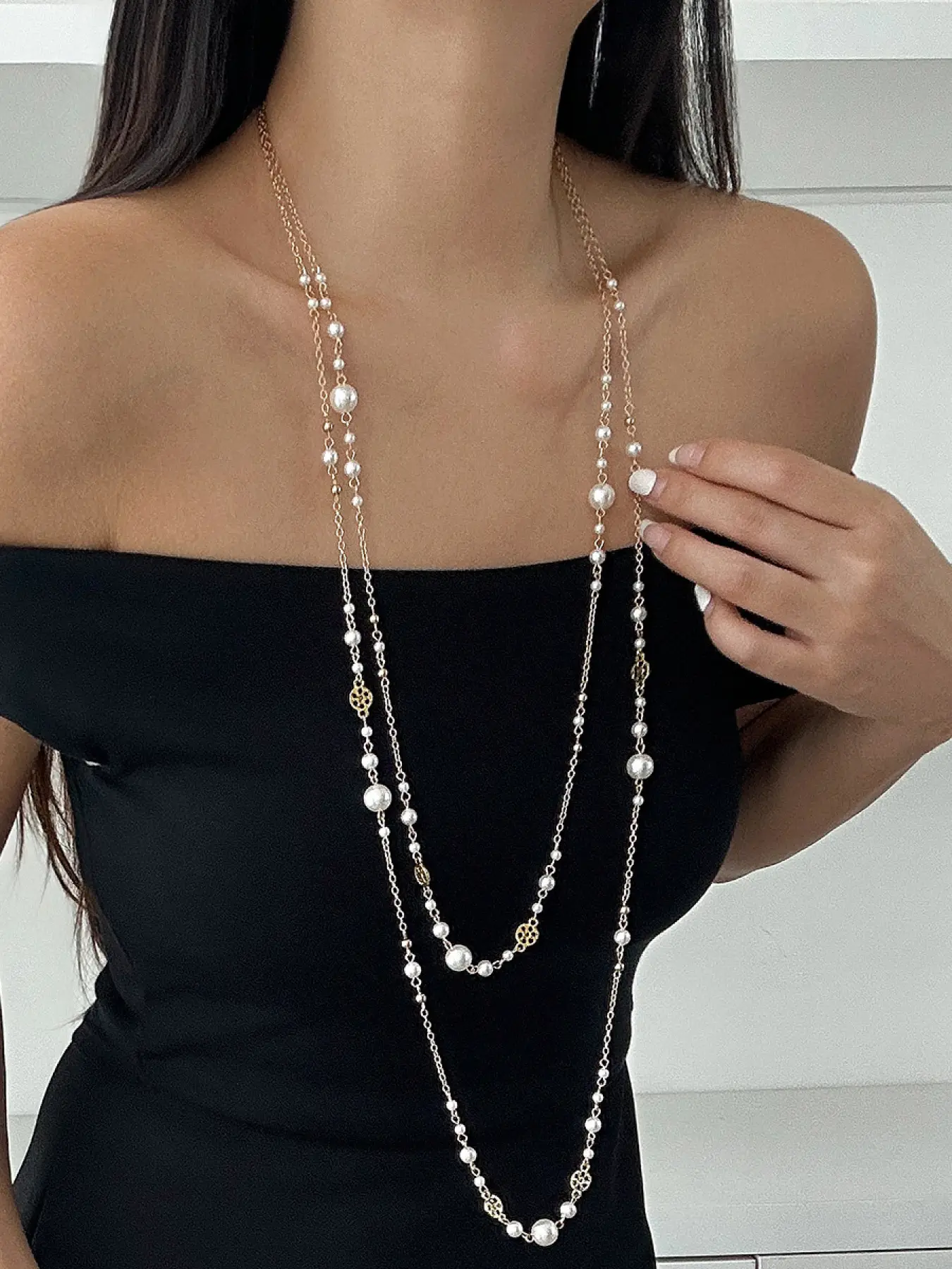 1PC French Fashion Faux Pearl Chain Long Necklace, Women's Party Gathering Accessories, Elegant Jewellery, Exquisite Chain Jewelry, Trendy Jewelry, Chic Gorgeous Jewelry, Fashionable Accessory, Elegant Prom Jewelry