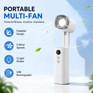 Portable Handheld Fan with LED Light USB Rechargeable Foldable Mini Fan 5 Speed Pocket Fan for Outdoor Travel Camping