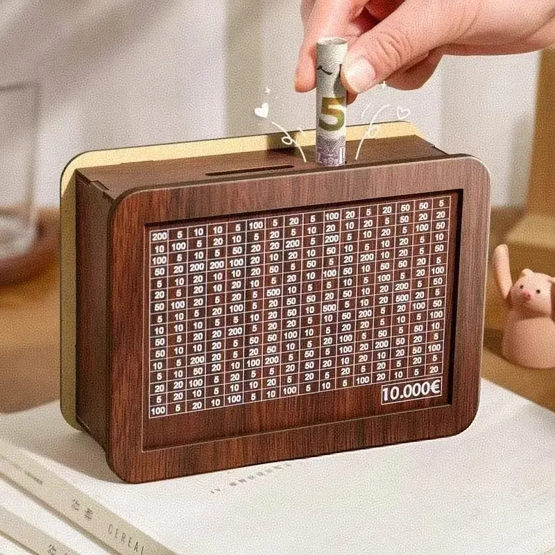 1000/3000/5000/10000 Euro Wooden Money Box Reusable Savings Box Savings Challenge Cash Storage Box Children's Version