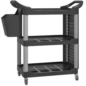 HOMCOM 3 Tier Utility Cart on Wheels, Rolling Tool Storage with Pegboards and Bucket, 200 LBS Load Capacity Plastic Service Cart for Garage, Warehouse, Workshop, Black and Light Gray