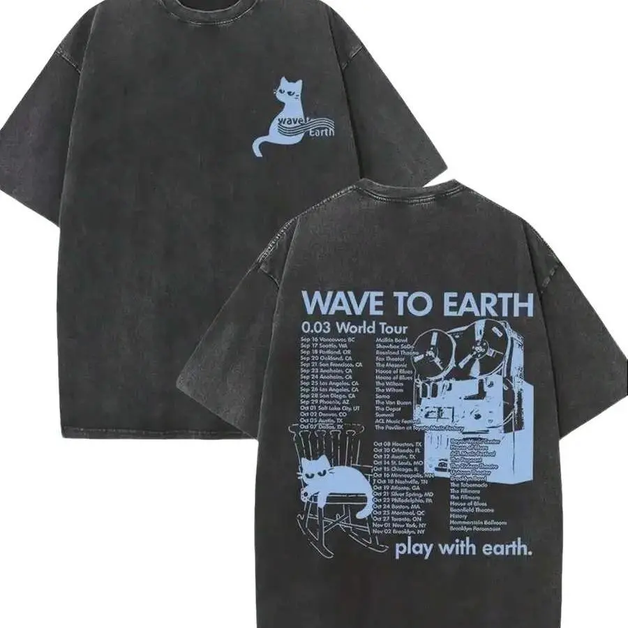 Women's Retro Washed Black Oversized Pure Cotton T-Shirt - Double-Sided "Wave to Earth" 0.03 World Tour Cat Black-Pattern Printed Crew Neck Short Sleeve Top, All Seasons Streetwear Unisex Loose Fit Tee (S,3XL)