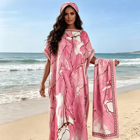 2026 New Women's 2 Piece Matching Abstract Marble Print Kaftan Maxi Dress, Silky Satin Robe, Beach Cover Up, Resort Vacation & Evening Party Wear