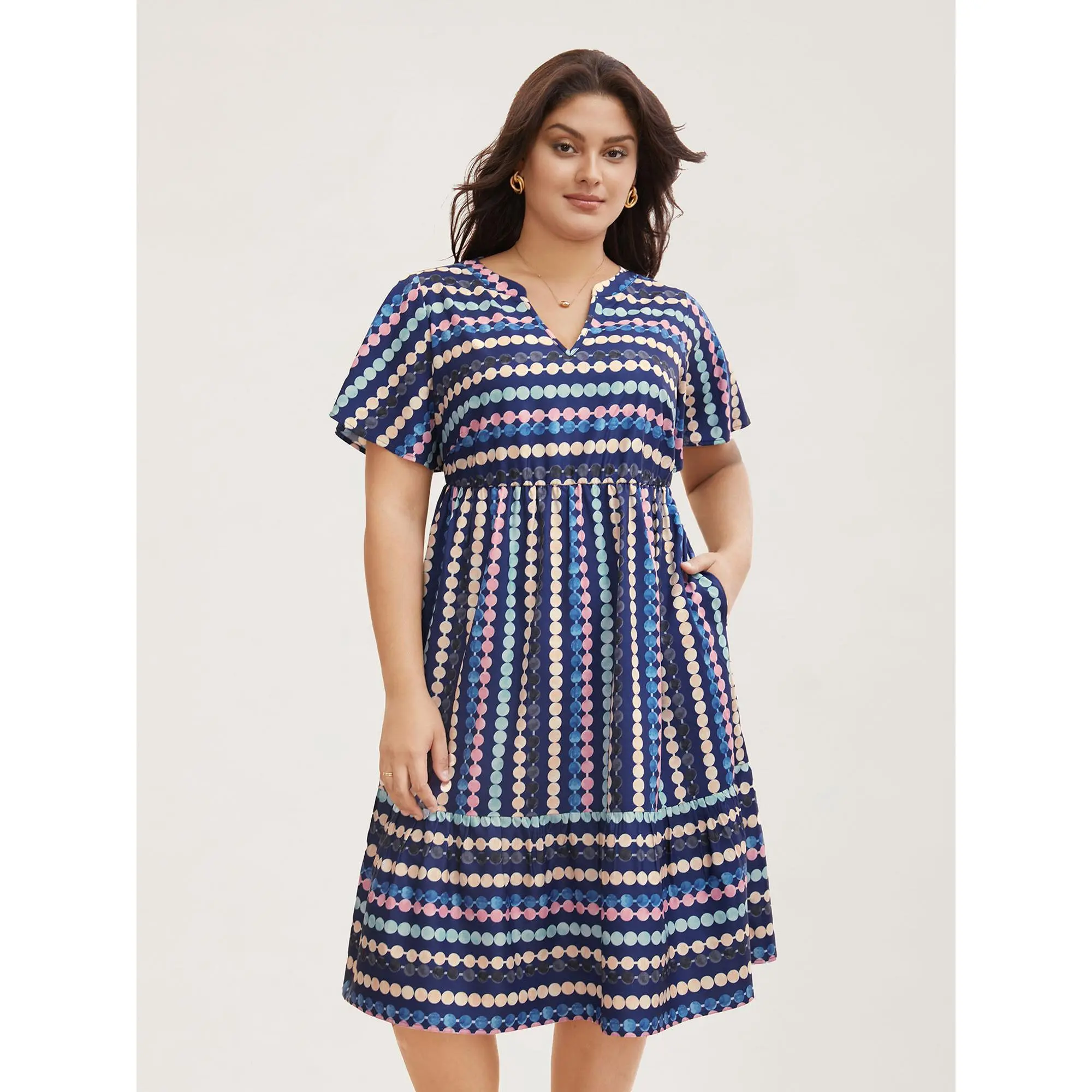 BLOOMCHIC Plus Size Polka Dot Print Elastic Waist Slit Neck Mini Dress [M–6X],  Polyester, Stripes Casual Fit,summeroutfits,vacationoutfits,beachoutfits Sleeve Womenswear Flat Fabric Pocket,Summerfinds