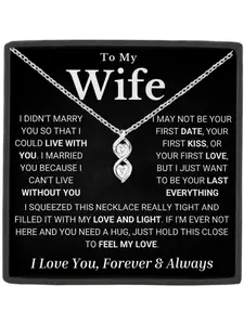 To My Wife Double Heart Zircon Pendant Love Necklace with Card and Gift Box, Anniversary Gift, Valentine's Day Gift, Birthday Gift, Christmas Gift