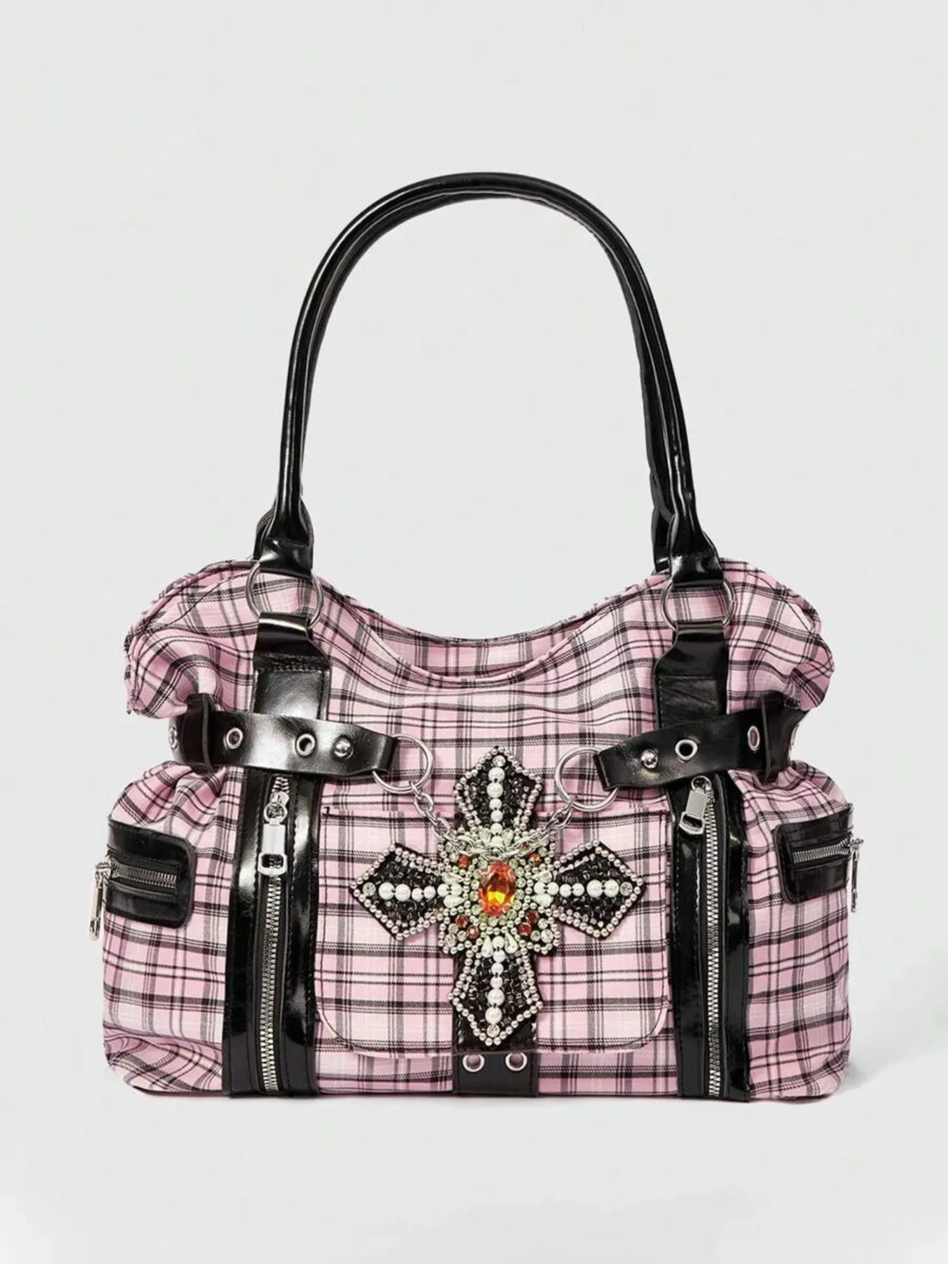 Cool Gothic style retro plaid tote bag, large capacity contrasting shoulder bag, with cross decoration, multiple zippered pockets, reasonable separation, can accommodate tablets, files, Fashion Patterned Bag