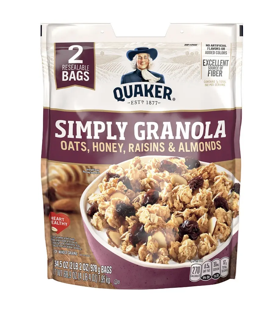 Quaker Simply Granola Oats Honey Raisins & Almonds 2 Reusable Bags 34.5 oz Heart Healthy Excellent Source of Fiber