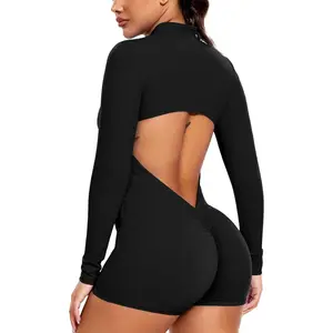 Women Long Sleeve Jumpsuit Zip Up Bodysuits Yoga Workout Unitards Bodycon One Piece Open Back Romper