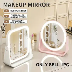 1pc LED Makeup Mirror, Vanity Mirror with 3 Light Modes, Touch Control Stepless Dimming Tabletop Cosmetic Mirror for Bedroom Dressing Table