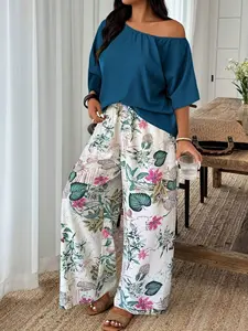 Plus Size Women's Two-Piece Set, Solid Color One Shoulder Top & Tropical Plant Floral Print Pants, Casual Vacation Style