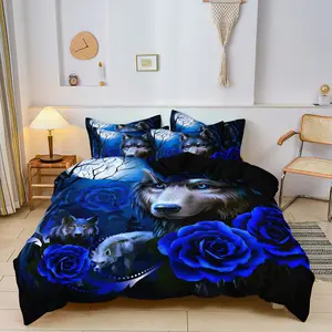 Valentine'S Day Romantic Wolf & Rose Print Bedding Set, 3 Counts/set Including 1 Duvet Cover & 2 Pillowcases without Filler, Decorative Bedding Set, Soft Comfortable Bedding Set for Home Bedroom