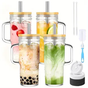 2/4pcs Tumblers with Lid And Straw - 24oz, Hand Wash Only, with Bamboo Lid And Straw, Travel & Away Cups, Mason Glass Cup Drinkware Set, Free Sealed Silicone Lid & Straw Cleaning Brush!, Outdoor Hydration, Leakproof Tumbler, Modern Glassware,