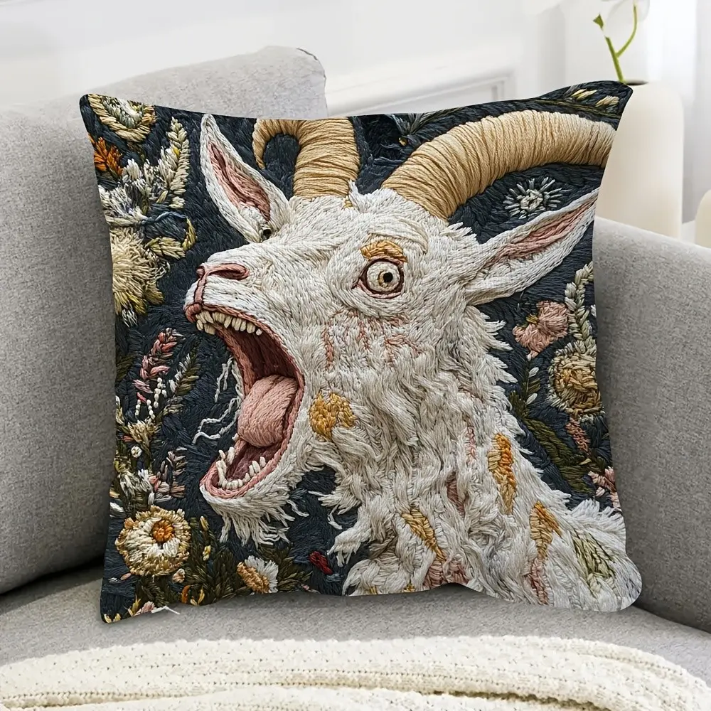 Whimsical Art Screaming Goat Linen Pillow Cover - Removable Couch Cushion Covers for Sofa, Animal-Themed Cushion Slipcovers, Unique Housewarming Gift, Indoor Home Textile Accessory