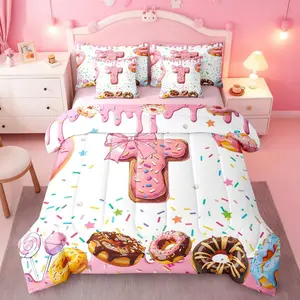 Feelyou 7-Piece Monogrammed Bedding Set for Kids Girls, Pink Bow Comforter with Sheets, Machine Washable Bed-in-A-Bag, White Donut Candy Themed Sweet Room Decor, Seven Pieces