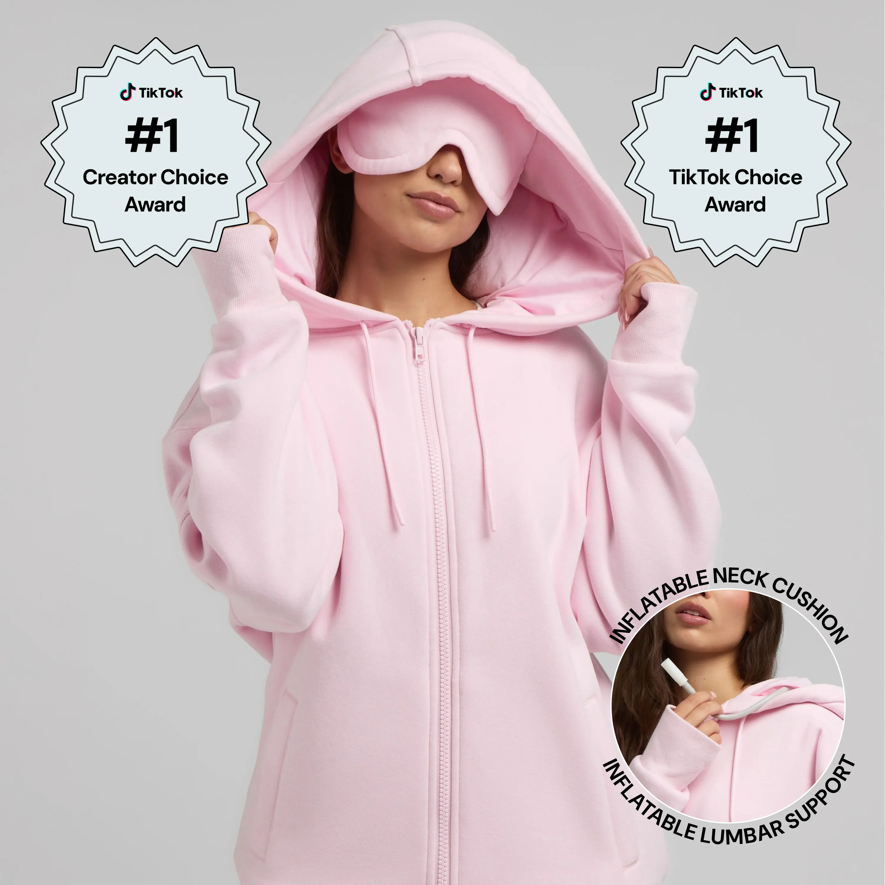 Comfrt | Inflate Zip Hoodie | CloudTouch Fleece Zip-Up With Built-In Travel Pillow & Eye Mask