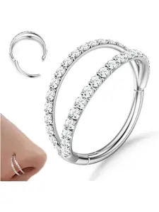 Nose Rings - CZ Double Nose Ring 316L Steel Helix, Septum, Cartilage & Conch Hoop Piercing 18G/20G
