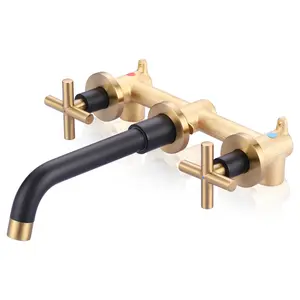 Wall Mount Bathroom Faucet - Black and Gold Bathroom Sink Faucet - 2 Handle Vanity Faucet Rough in Valve Included