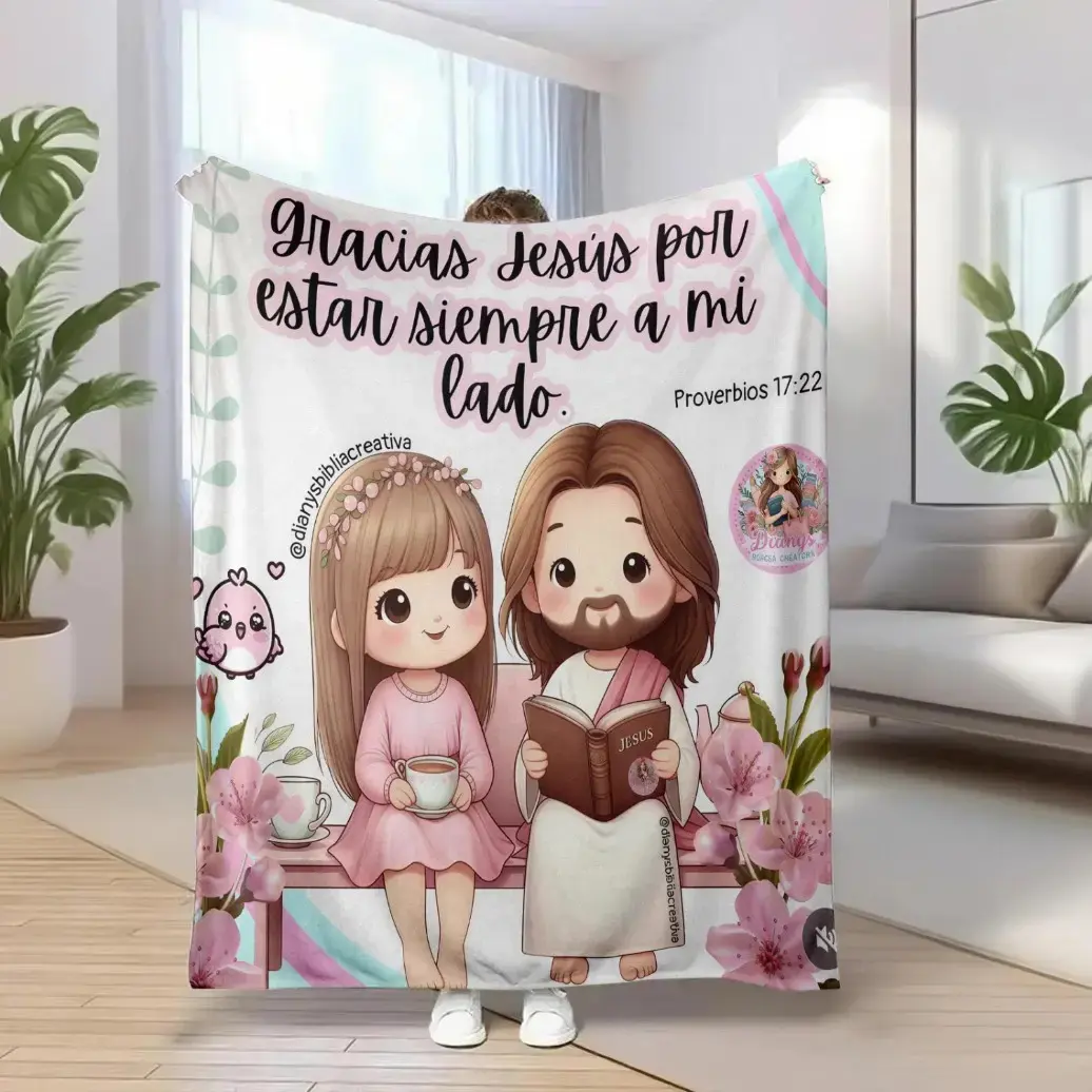 Cute Cartoon Jesus & Kids Religious Blanket, Ultra Plush Lightweight Throw, Christian Gift for Christmas & Easter