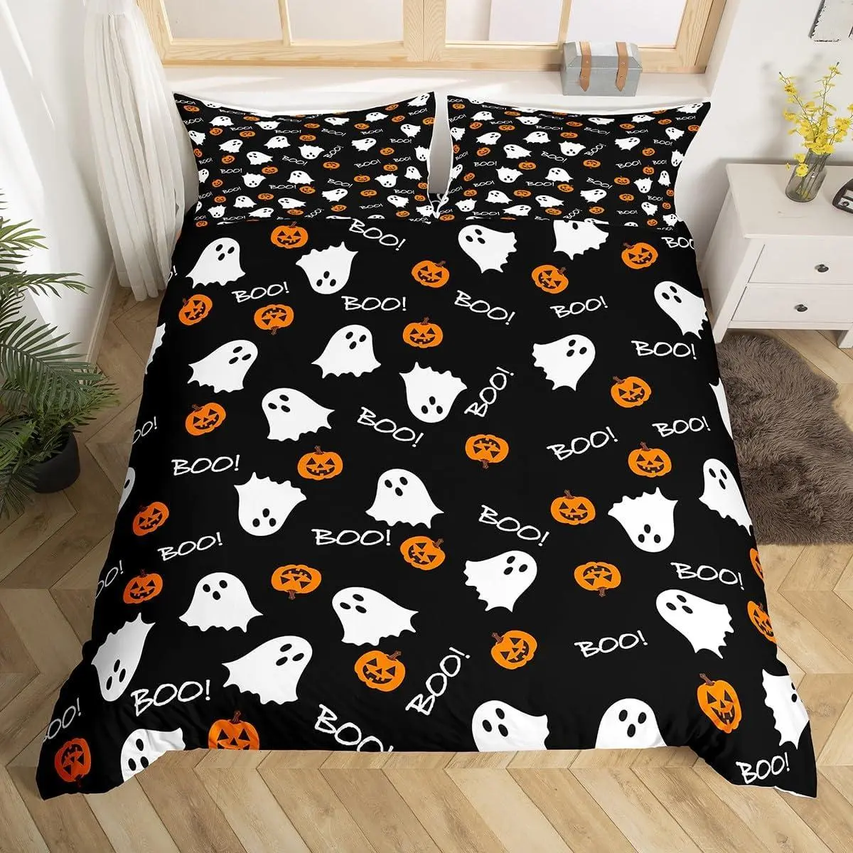 White Ghost Duvet Cover,Kids Pumpkin Lantern Bedding Set,Cartoon Halloween Comforter Cover for Boys Girls Room Decor,Black White Orange Bedspread Cover with (No Comforter)