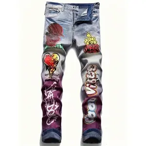 New Foreign Trade Style Men's Jeans Elastic Hole Patch Stitching Men's Straight Jeans Men Jeans Para Hombre Straight-Leg Wide-Leg Stretch All-Season Streetwear Y2K Vintage Wash Men's Classic Wide Denim Pants Menswear Trouser Menswear Trouser Blue Casual