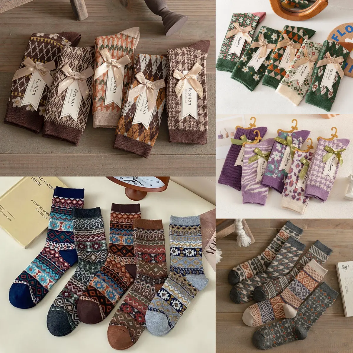 5 Pcs Thickened Warm Knitted Vintage Christmas Crew Socks Set