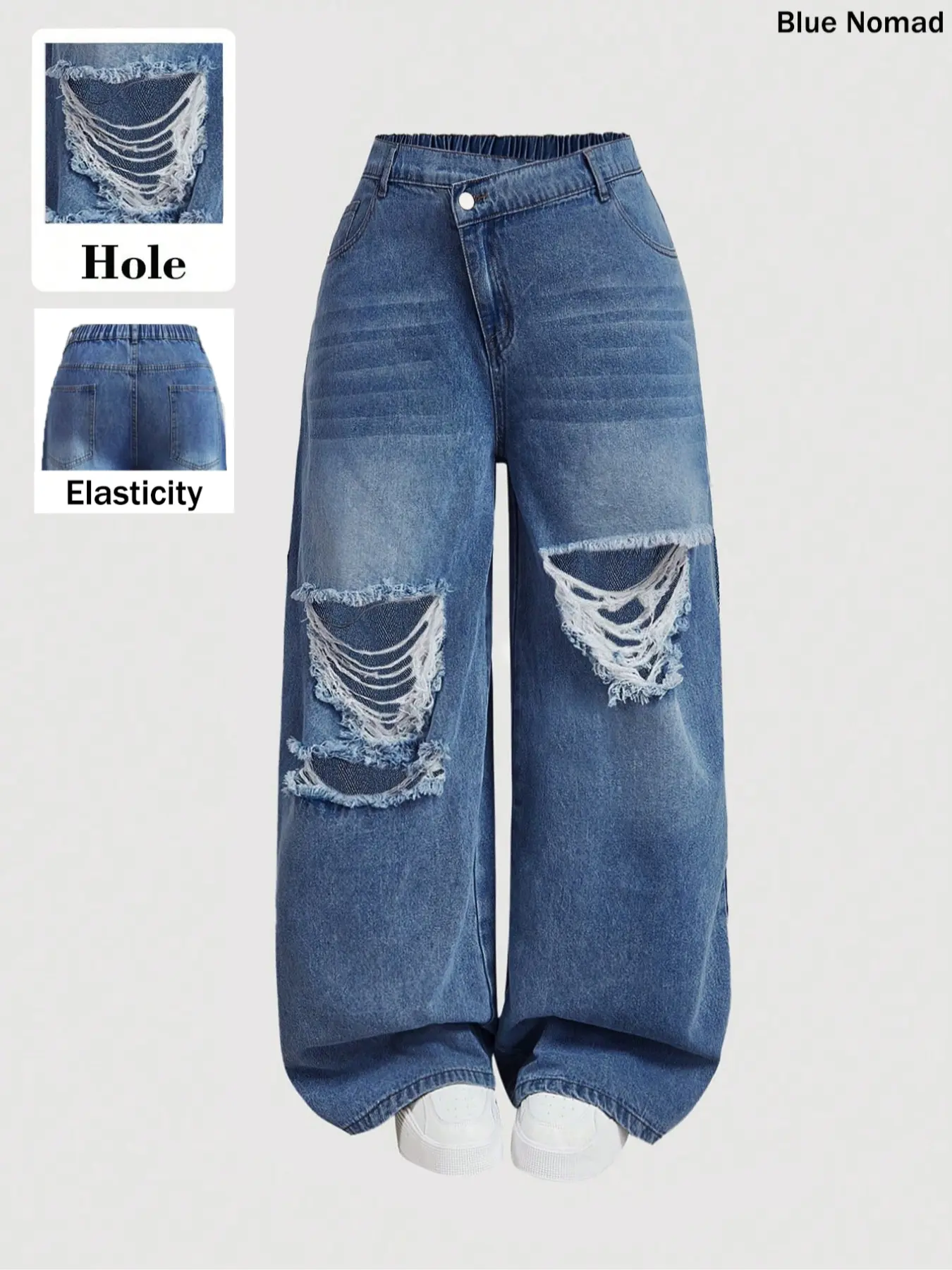 Women's High Waist Ripped Distressed Denim Jeans, Vintage Style Loose Fit Wide Leg Pants, Adjustable Elastic Waistband, Casual Fashion Streetwear for Daily Wear Bottom Womenswear Trouser