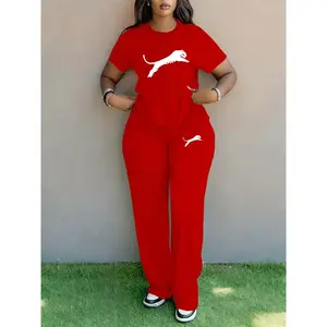 Women's Spring Summer Plus Size Fashion Print Round Neck Short Sleeve T-Shirt & Wide Leg Pants Two-Piece Set, Casual Pocket Design