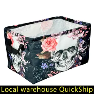 Extra-Large Foldable Laundry Basket - Gothic Halloween Decor with Pink Floral Skull, Heavy-Duty Storage Bin for Bathroom, Bedroom, Living Room - Space-Saving Foldable Hamper for Halloween Party Decoration & Year-Round Home Organization - Ideal Gothic