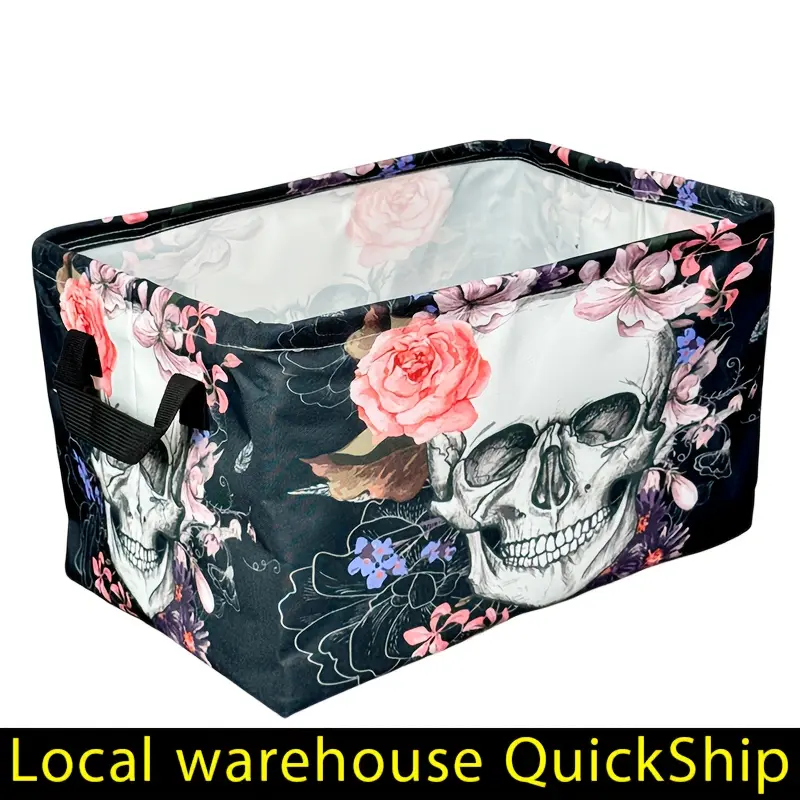 Extra-Large Foldable Laundry Basket - Gothic Halloween Decor with Pink Floral Skull, Heavy-Duty Storage Bin for Bathroom, Bedroom, Living Room - Space-Saving Foldable Hamper for Halloween Party Decoration & Year-Round Home Organization - Ideal Gothic