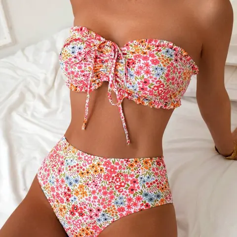 New Floral Ruffle Tie Front Bikini Set, Women's Summer Beach Holiday Swimwear, Sexy Girl Pool Party Swimsuit, Trendy Vacation, Flower Print Bikini, Floral Print Bikinis, Floral Bathing Suits, Stylish Bikini Set, Beachwear With Ties, Bikinis Sets
