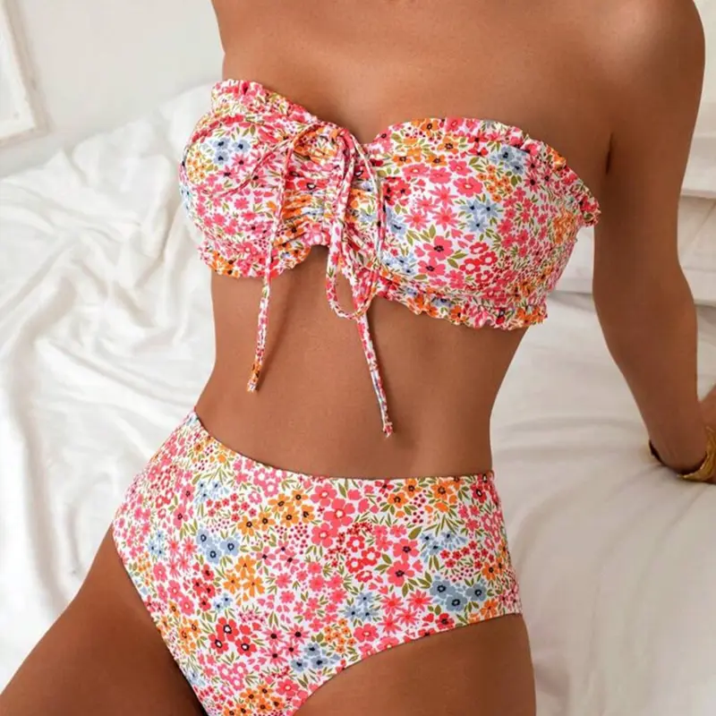 New Floral Ruffle Tie Front Bikini Set, Women's Summer Beach Holiday Swimwear, Sexy Girl Pool Party Swimsuit, Trendy Vacation, Flower Print Bikini, Floral Print Bikinis, Floral Bathing Suits, Stylish Bikini Set, Beachwear With Ties, Bikinis Sets