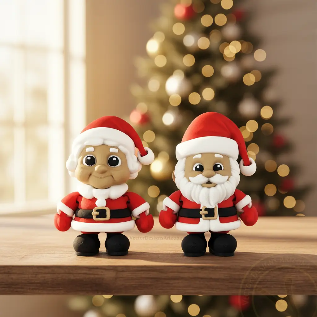 Santa and Mrs. Claus Figurine Set, 3D Printed Articulated Christmas Desk Decor, Cute Holiday Shelf Display, Palm-Sized Gift