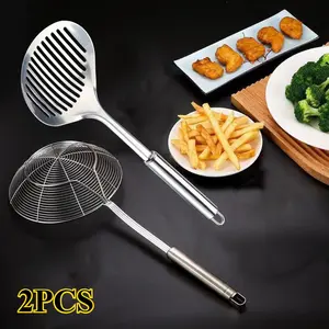 2pcs Stainless Steel Spider Strainer Skimmer Ladle for Cooking and Frying, Slotted Fish Turner Spatula Spoon Colander Drain Water Filter Spoon, Multi Kitchen Utensil