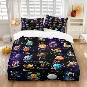 Cute Planet Rocket Print Duvet Cover Set, Comfy Bedding Set, Includes One Comforter Cover and 1/2 Pillowcases, Galaxy Theme Space Letters Kids Bedroom Quilt Cover, Soft Skin-Friendly, All Seasons Use