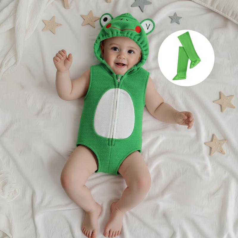 Newborn Baby Boy Girl Halloween Costume Frog Costume Sleeveless Hood Zipper Romper and Solid Socks Baby Halloween Outfit