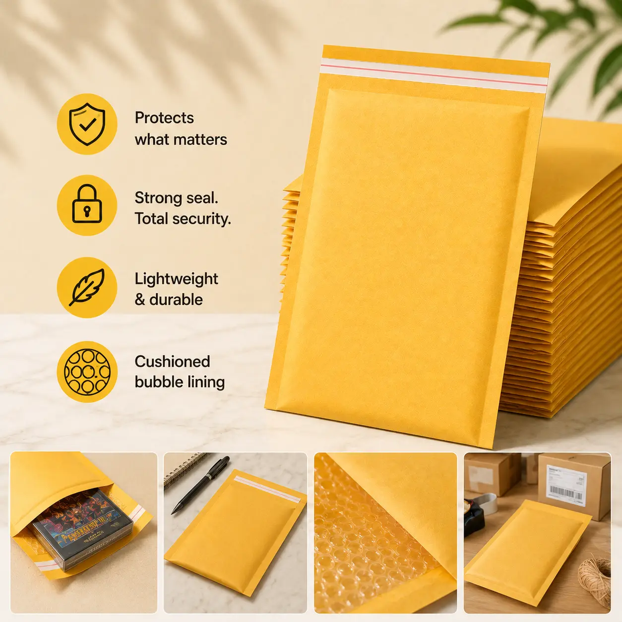 6.5" x 10" Kraft Paper Bubble Mailers, Self-Sealing Padded Envelopes with Bubble-Lined Interior, Lightweight Durable Postal Supplies for Amazon Sellers, Ecommerce Stores, Collectors, Protects Items During Transit